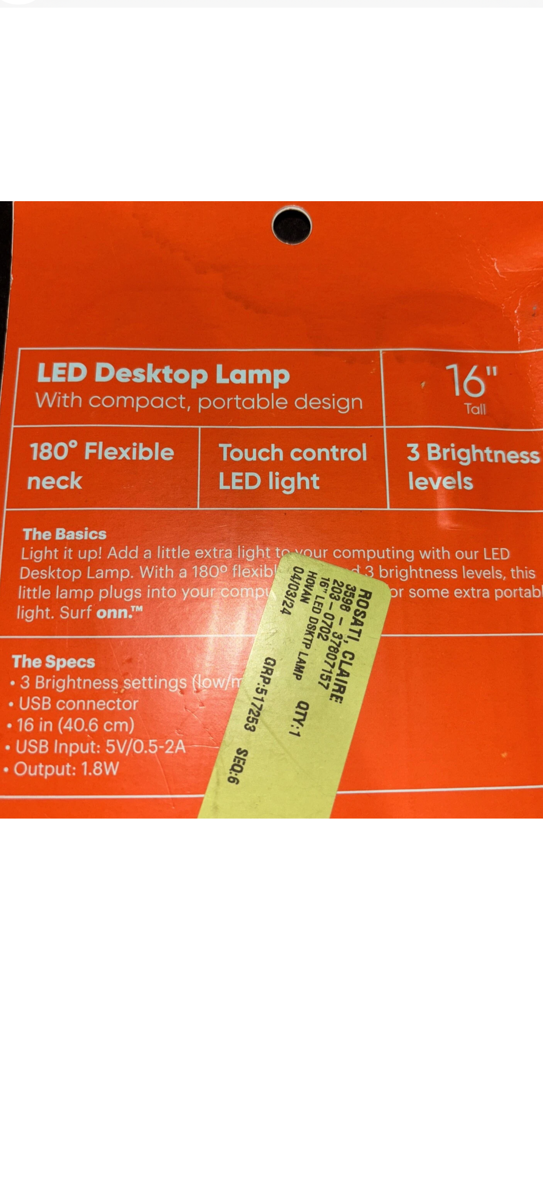 Surf Onn Led Desktop Lamp 16" Tall Compact Portable Flex Design USB & Pink