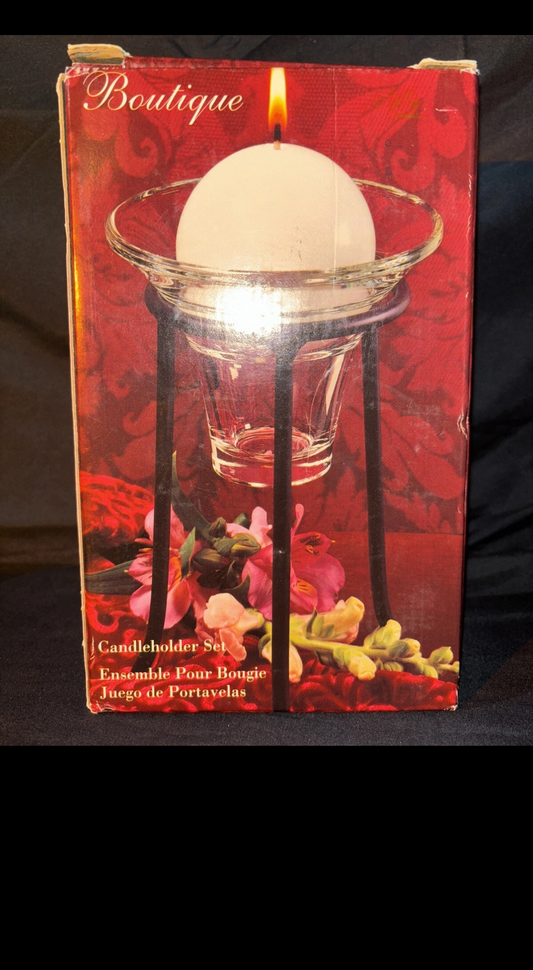 Boutique Indiana Glass Candleholder set 3 Pcs Metal Stand Glass Holder & Candle