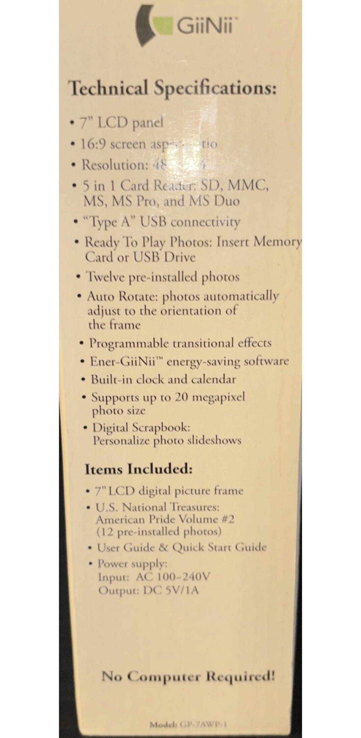 7 Inch Digital Photo Frame by GiiNii Wood Frame GP-7AWP-1 New in Box